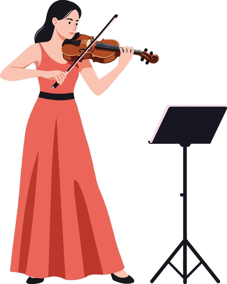 A young woman in a flowing red dress gracefully playing a violin, featuring a flat style, showcasing her passion for music in vibrant art vector