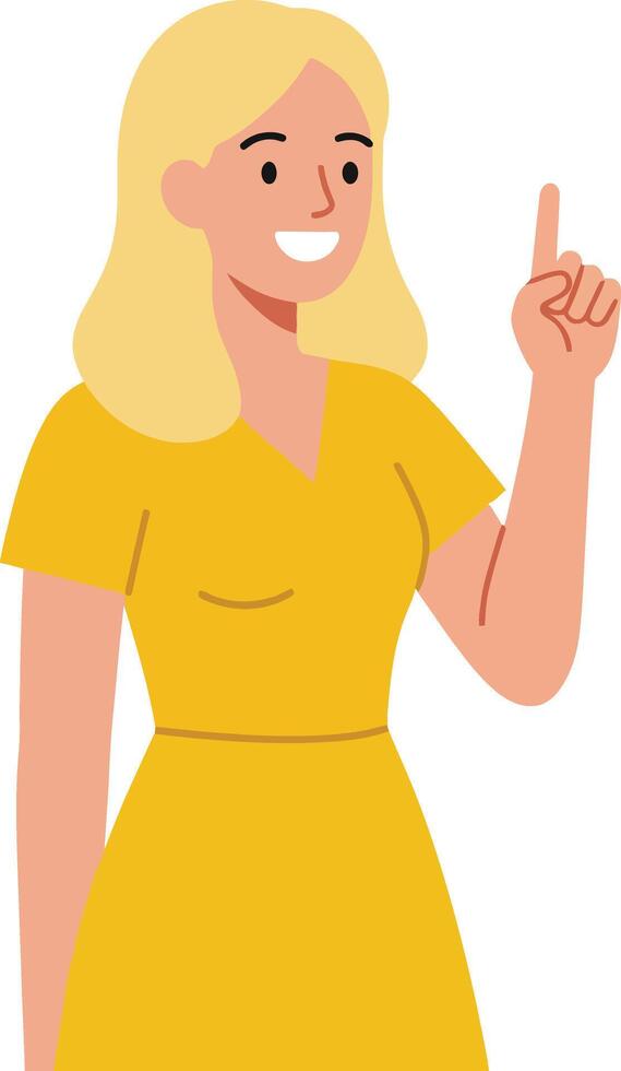 Cheerful woman in a yellow dress, raising her finger in a flat, minimal design style, expressing an idea or suggestion in art vector