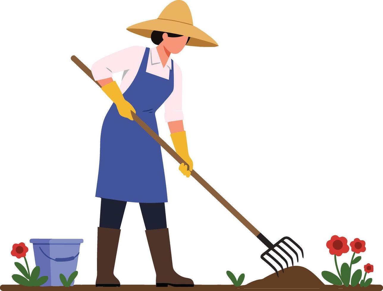A woman in a blue apron and straw hat working in a garden with a rake, surrounded by colorful flowers in a flat illustration vector