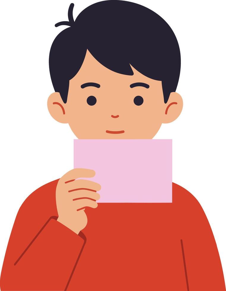 A young boy holding a pink card in front of him while wearing a red sweater in a flat illustration vector