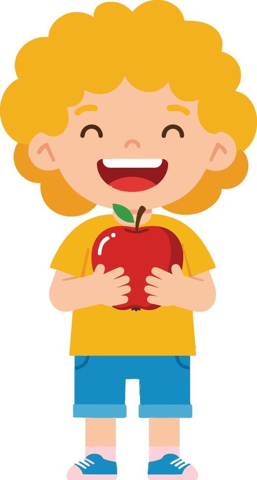 Cheerful young boy with curly yellow hair holding a red apple in a playful flat illustration vector