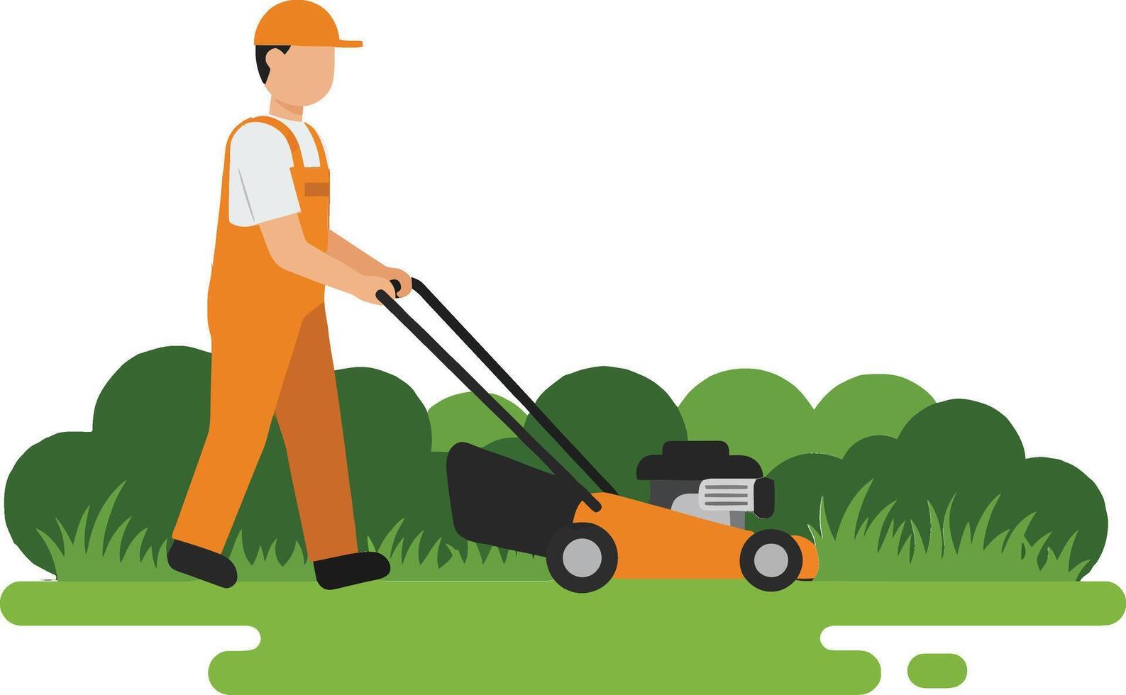 Gardener in orange overalls mowing green grass with a lawn mower in a minimal and clean illustration vector