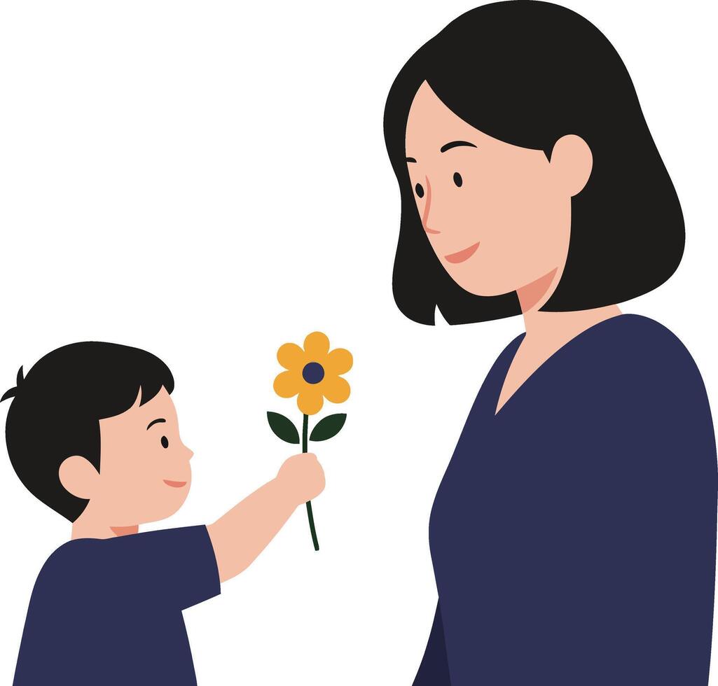 A young boy offering a bright yellow flower to his smiling mother in minimal flat art, showcasing love and tenderness in a warm atmosphere vector