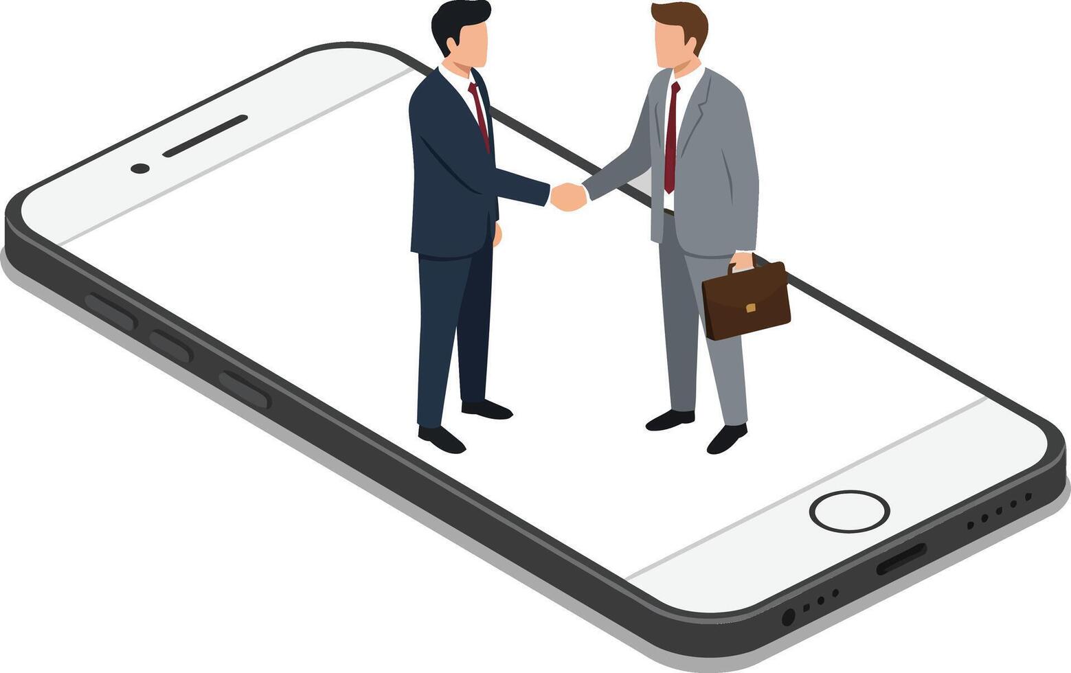 Two professional men in suits shaking hands inside a smartphone, symbolizing digital networking in a minimal illustration vector
