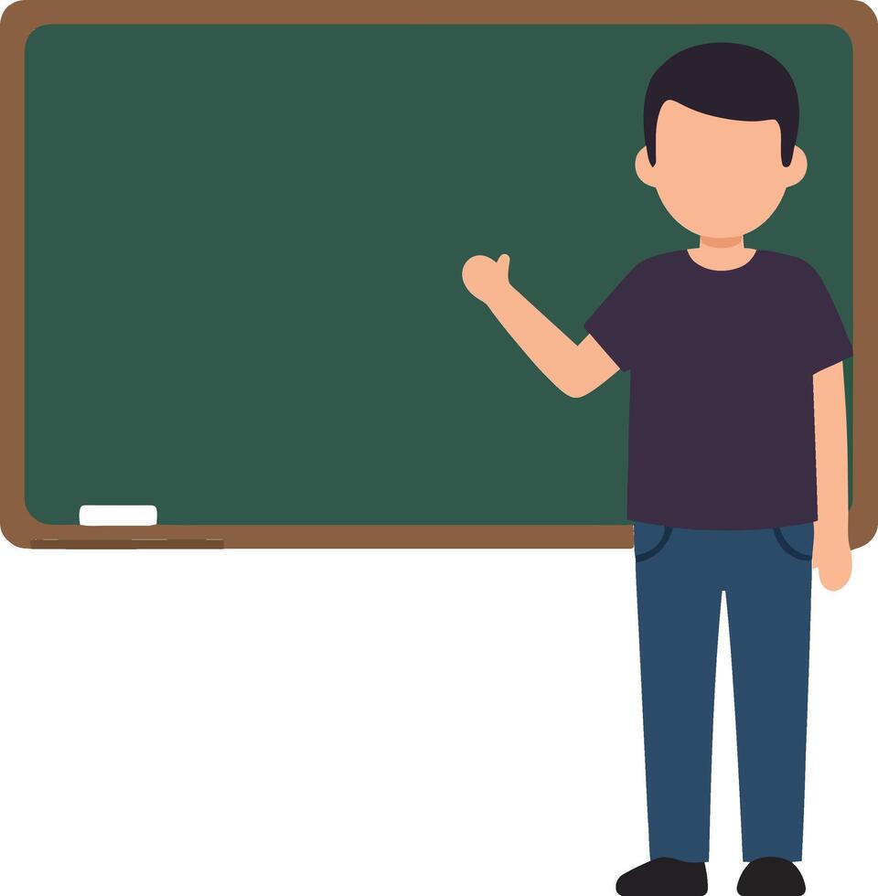 Teacher standing confidently beside a green chalkboard in a flat illustration, engaging students with enthusiasm and a welcoming atmosphere in a classroom setting vector