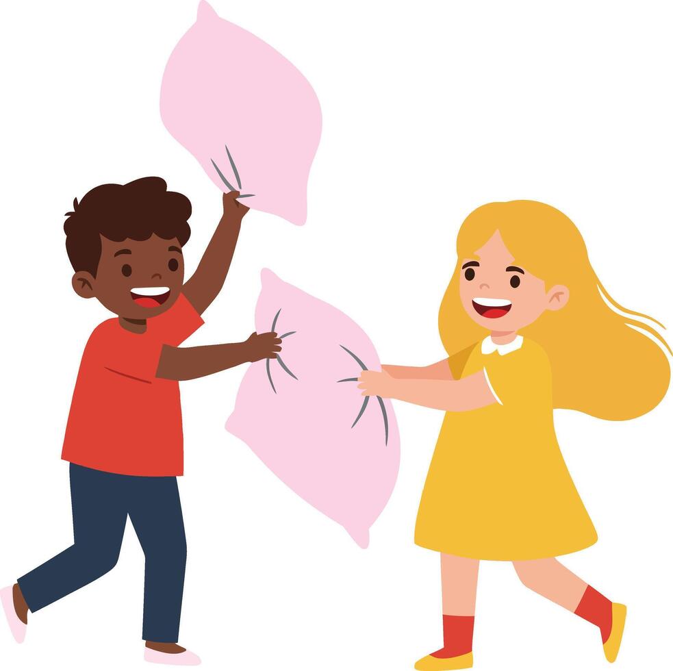 Two joyful children engaging in a playful pillow fight, depicted in a flat design style, showcasing laughter and excitement in this illustration vector