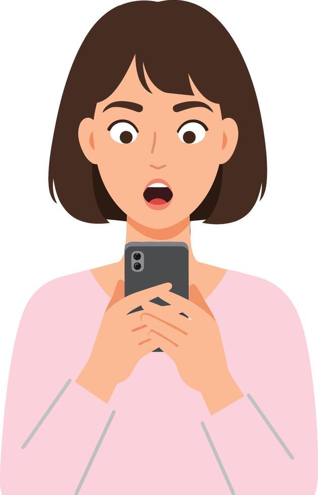 Surprised young woman with short brown hair looking at her smartphone in a flat and minimal illustration vector