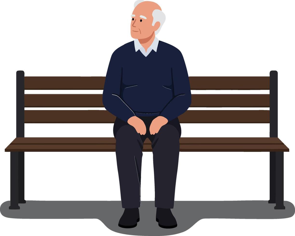 An elderly man sitting on a park bench wearing a blue sweater in a flat art style conveying a serene and reflective atmosphere vector