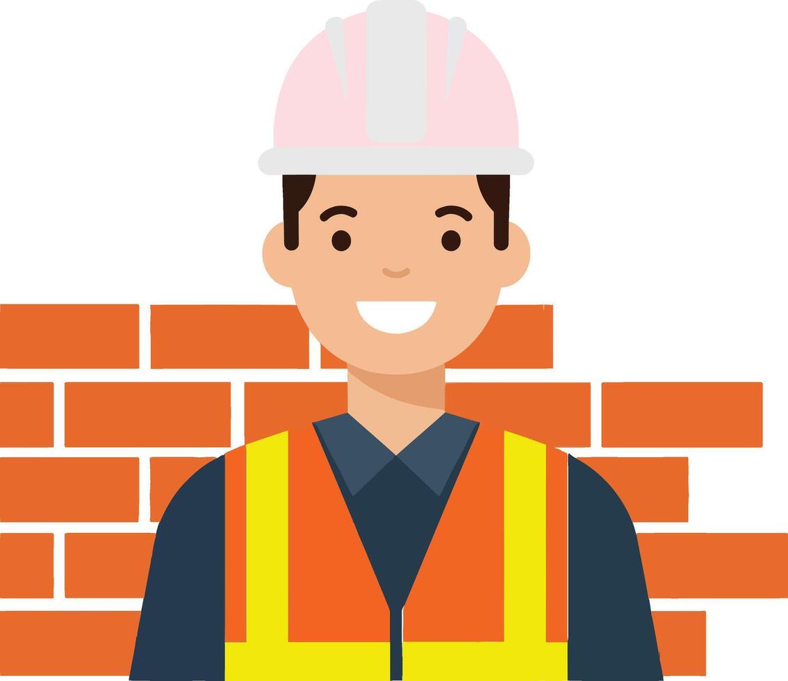 Construction worker smiling in front of a brick wall wearing a hard hat and safety vest, flat illustration vector