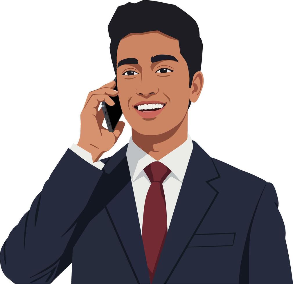 Confident young man in a suit smiling while talking on a smartphone in a flat illustration vector