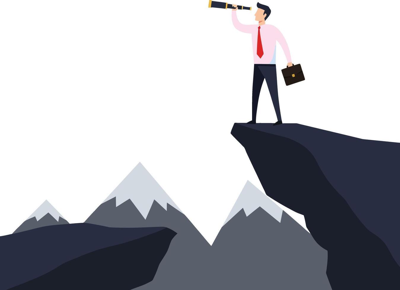 Businessman in a pink shirt and red tie using a telescope while standing on a rocky cliff surrounded by mountains in flat art vector