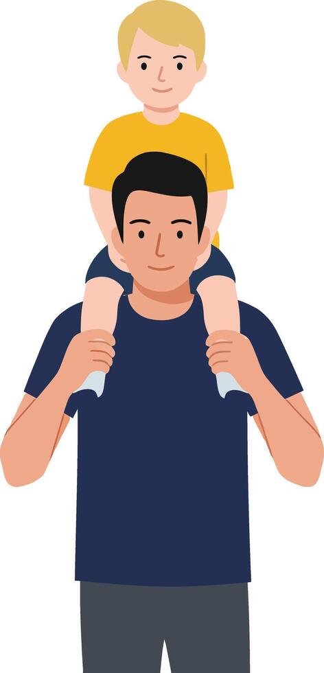 Father carrying son on shoulders in a joyful, flat design style showcasing love and connection in illustration vector