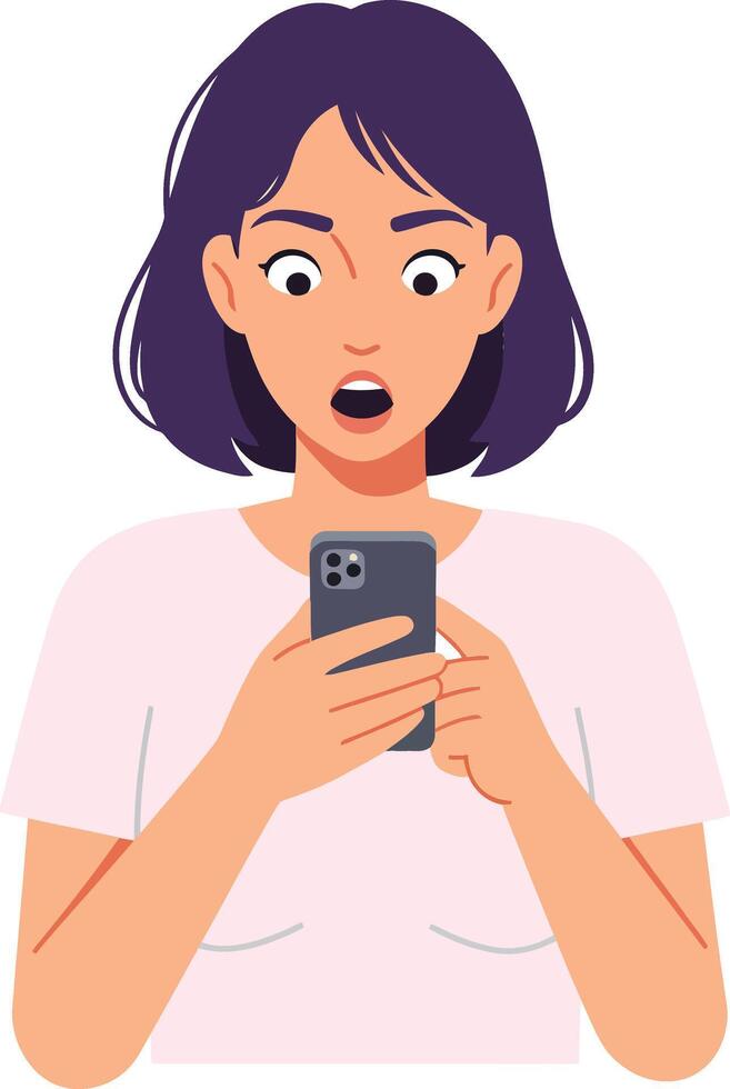 Surprised woman with short hair looking at a smartphone while standing against a plain background in a flat illustration vector