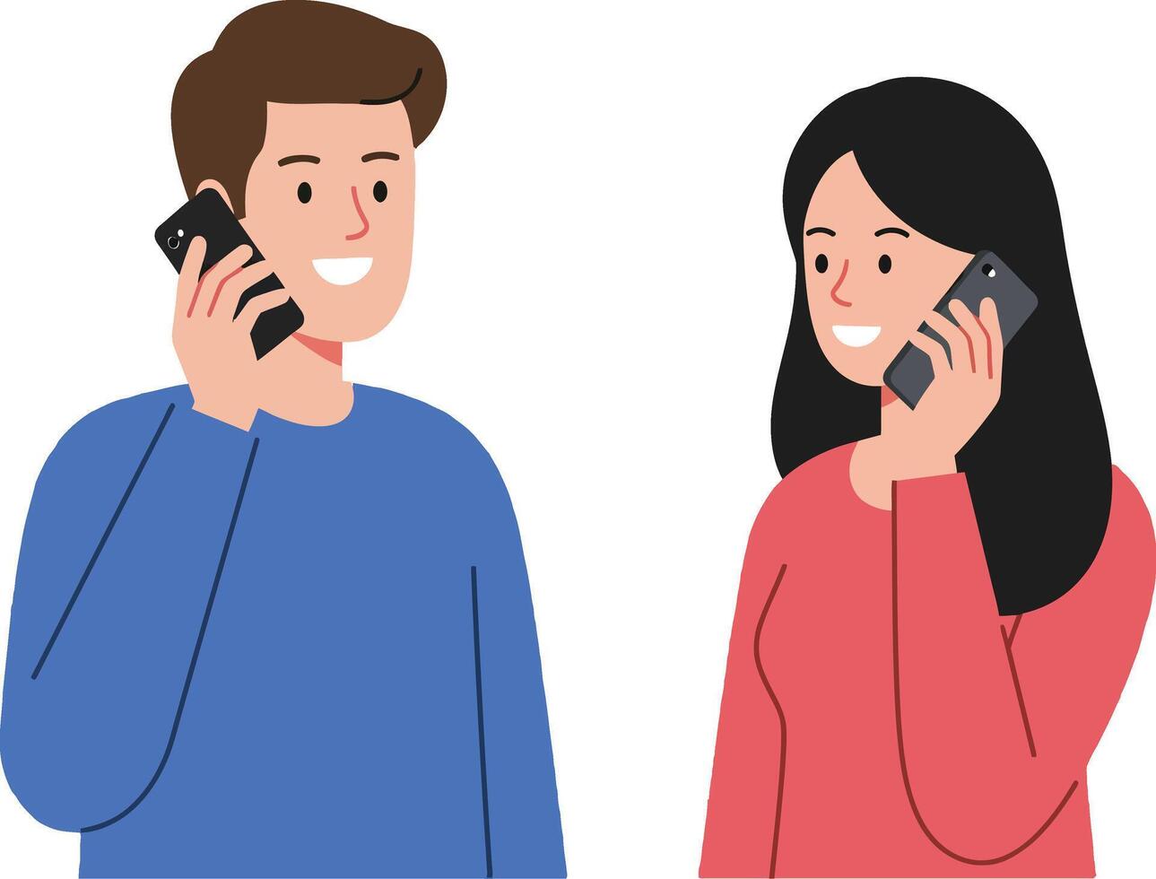 Two young adults engaging in a friendly conversation on smartphones in a flat design illustration vector