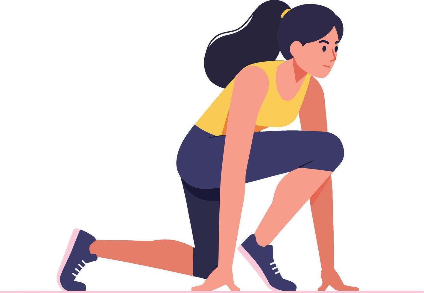 A determined young woman preparing to sprint in a athletic stance, featuring a vibrant color palette in a flat design style, illustration vector