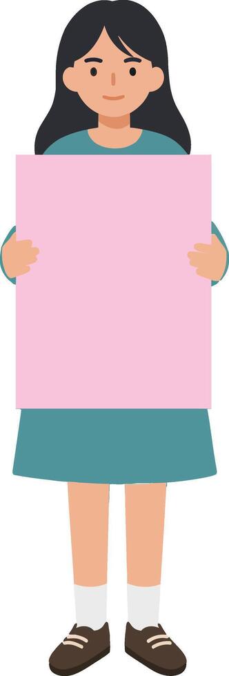 Girl holding a large pink poster in a flat, minimal design style showcasing a cheerful expression in a simple, engaging illustration vector