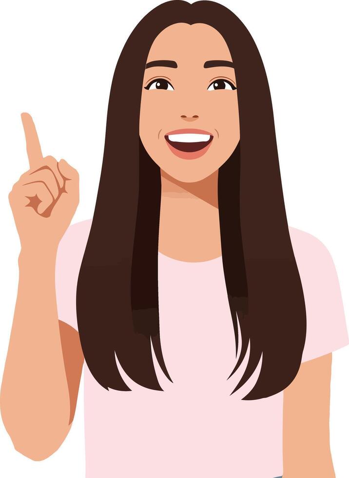 Young woman with long brown hair smiling and pointing upwards in a flat illustration conveying positivity and inspiration vector