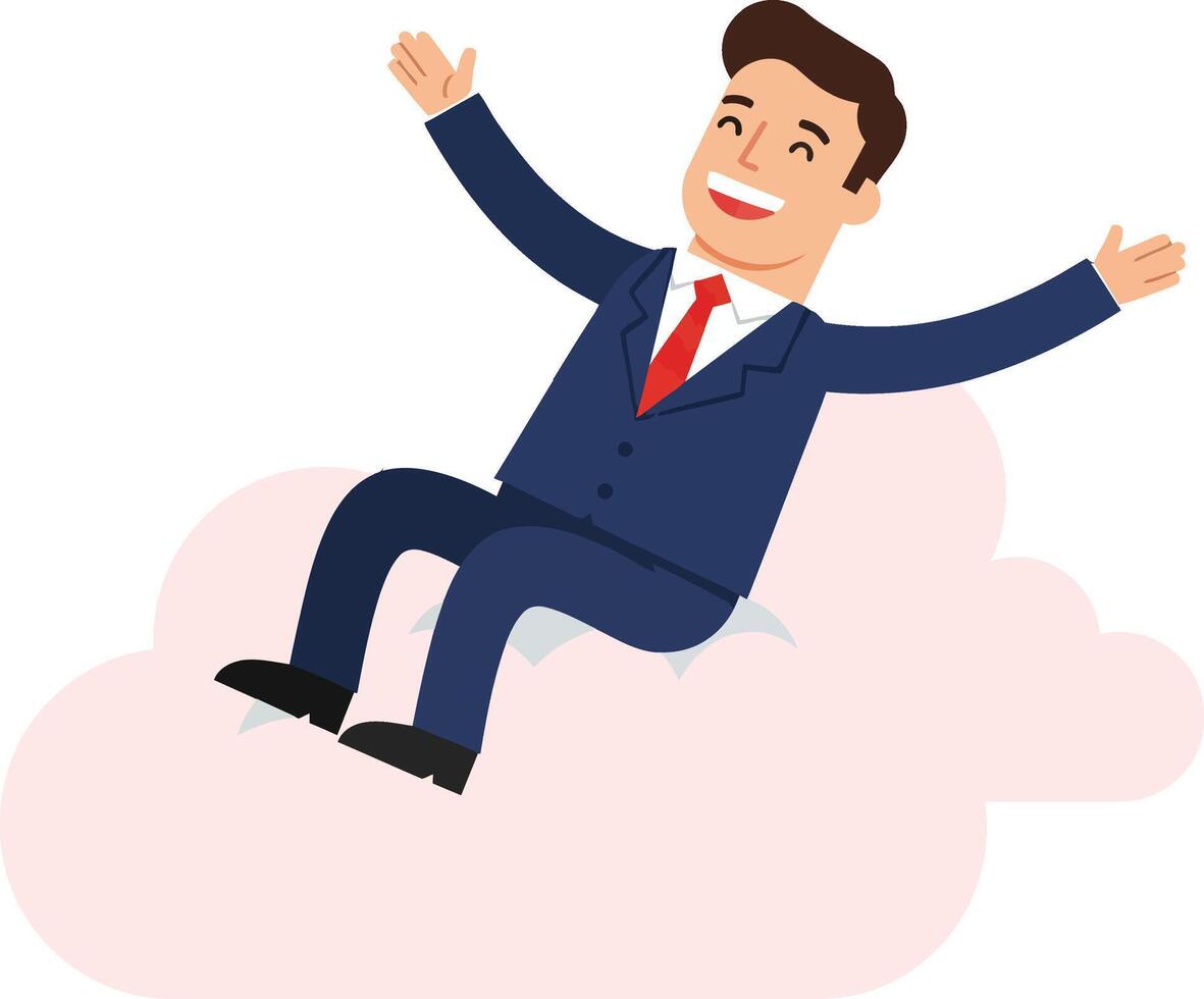 Happy businessman in a blue suit joyfully sitting on a fluffy pink cloud in a minimal flat illustration vector