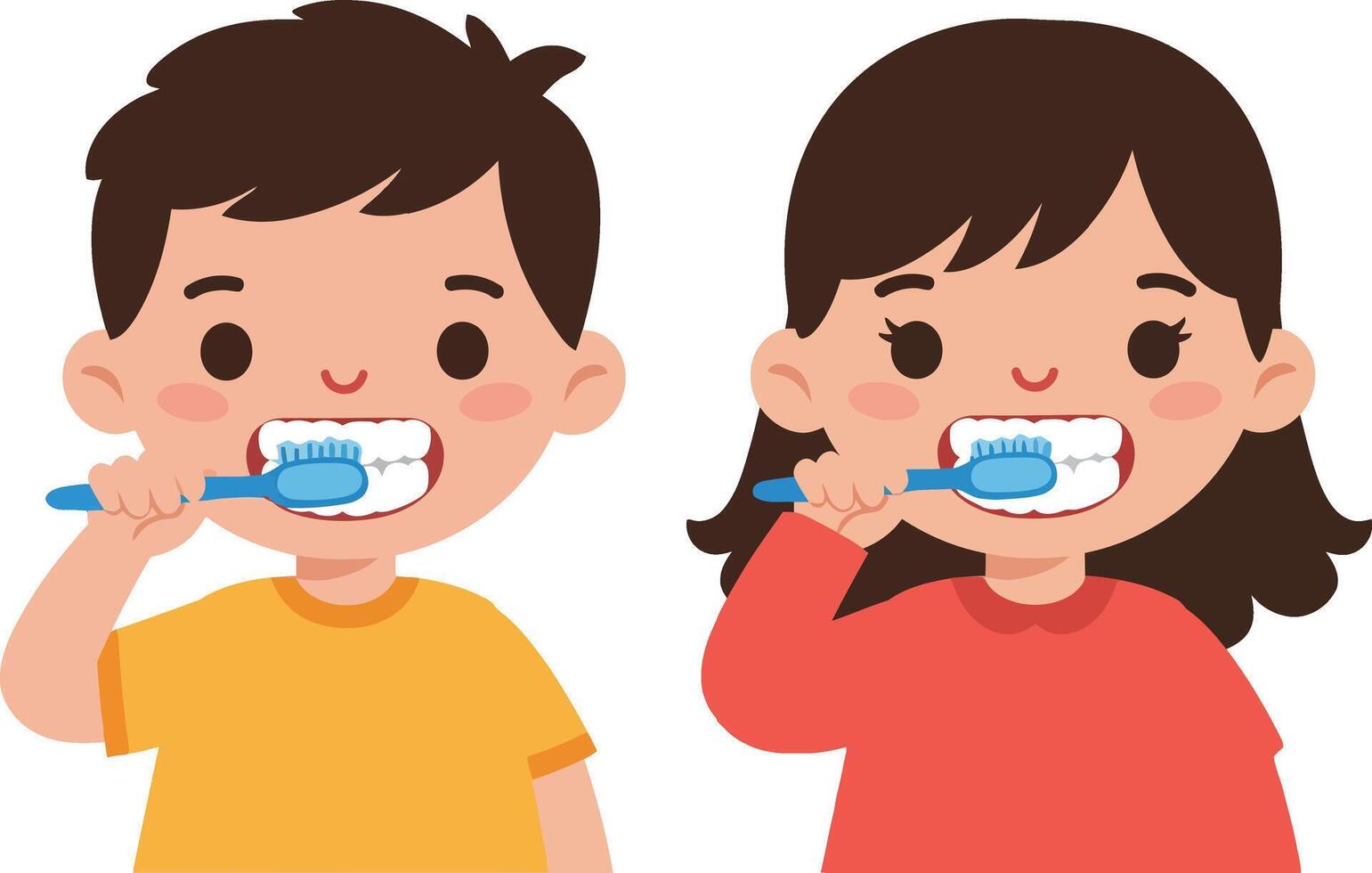 Two children happily brushing their teeth in a colorful, flat design style illustration promoting dental hygiene and healthy habits vector