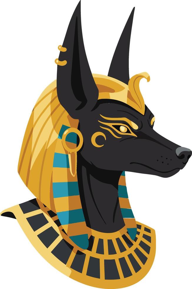 Black Anubis figure with golden headdress and intricate jewelry in a detailed flat illustration style representing ancient Egyptian mythology and culture vector