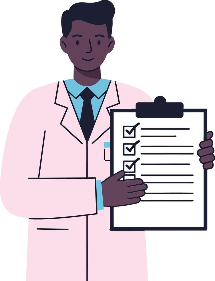 A confident doctor in a pink lab coat holding a checklist with checked items, minimal flat illustration showcasing professionalism and care in healthcare settings, art vector