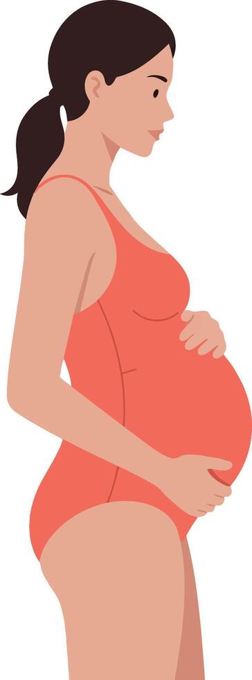 Pregnant woman in a coral swimsuit gently cradling her belly, showcasing a minimal and modern design style in illustration vector