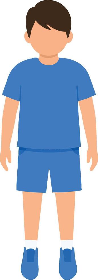Young boy wearing a bright blue sports outfit with a cheerful expression, standing confidently in a minimal flat illustration vector