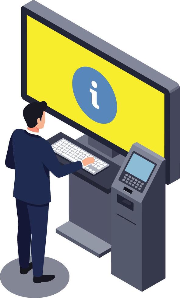 A professional man interacting with a digital information kiosk in a modern setting, featuring flat design elements and bright colors, illustration vector