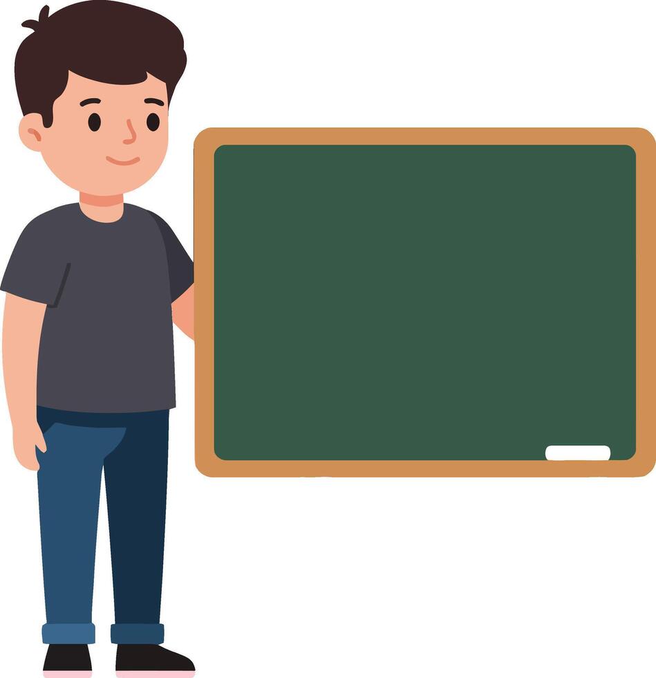 Young boy standing beside a green chalkboard in a flat, minimal style illustration, showcasing an educational setting with a cheerful atmosphere vector