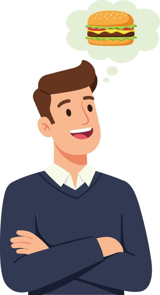 Happy young man in a blue sweater dreaming of a delicious hamburger in a flat illustration vector