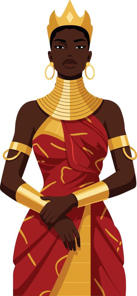 Regal woman adorned in vibrant red and gold attire with striking jewelry in a minimal flat design style illustration vector