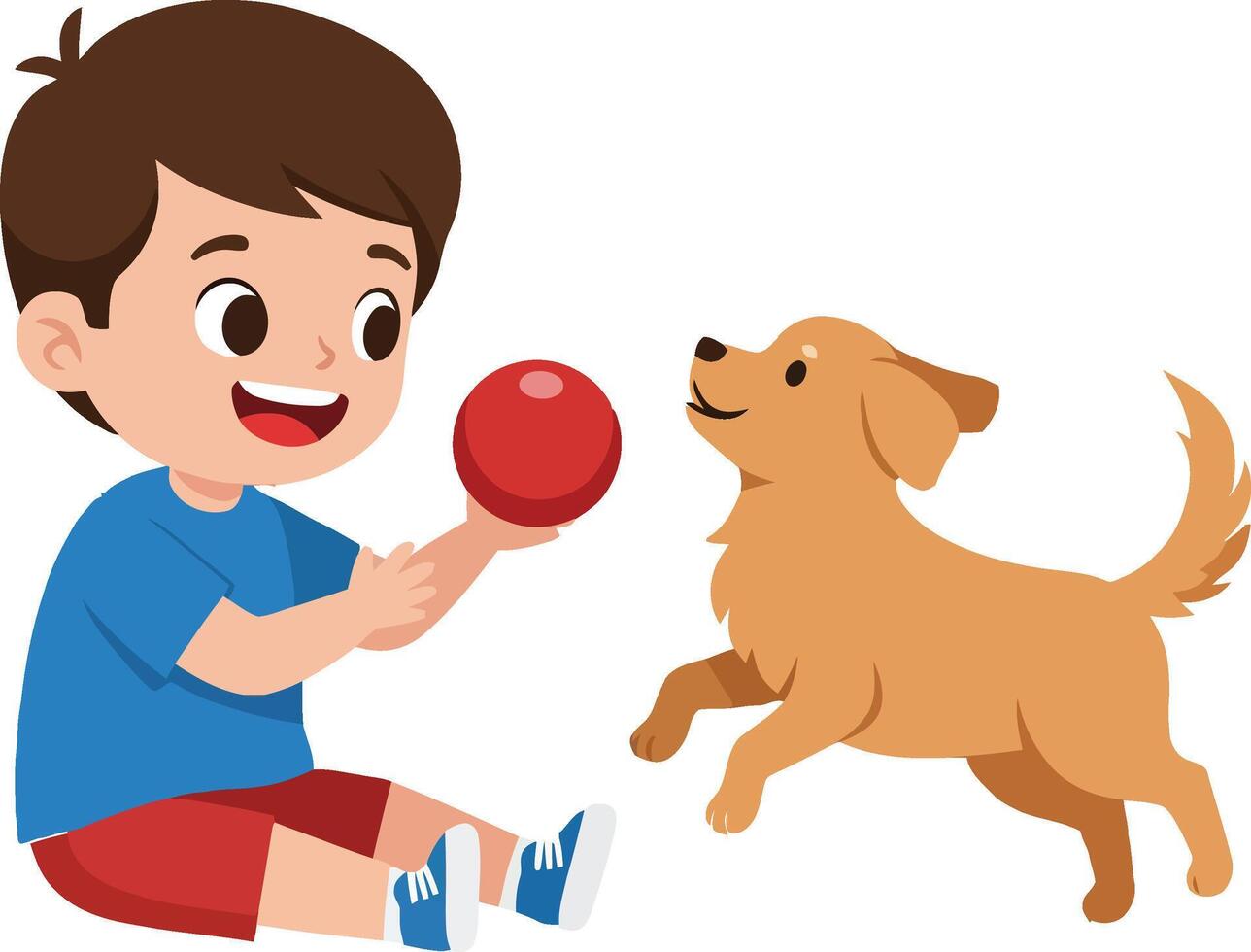 A cheerful boy playing with a golden retriever dog while tossing a red ball in a bright and playful flat illustration vector