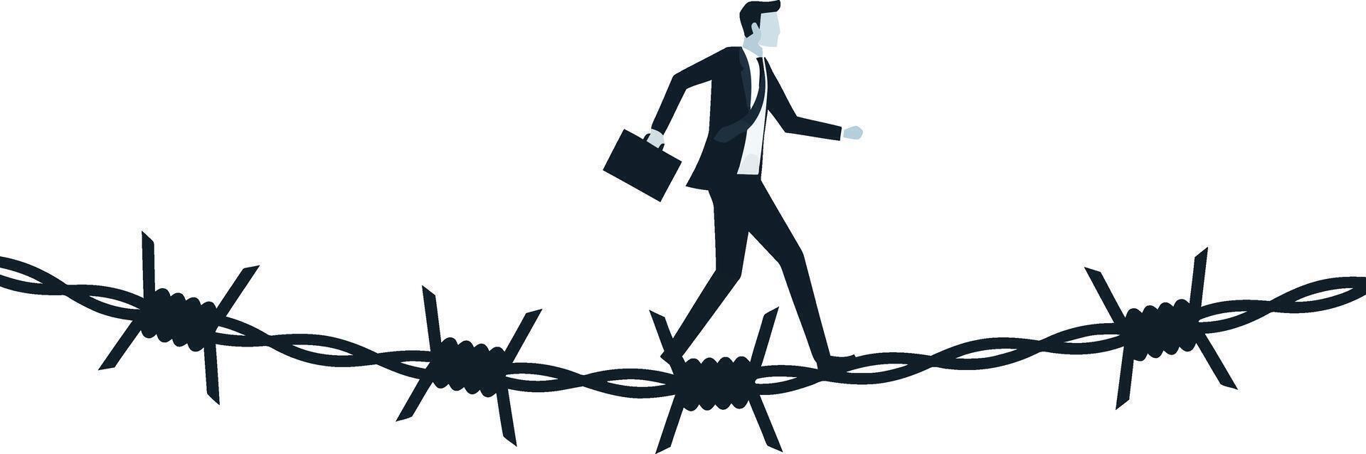 Businessman walking carefully on a barbed wire fence in a minimal design style showcasing determination and risk, representing challenges in art vector