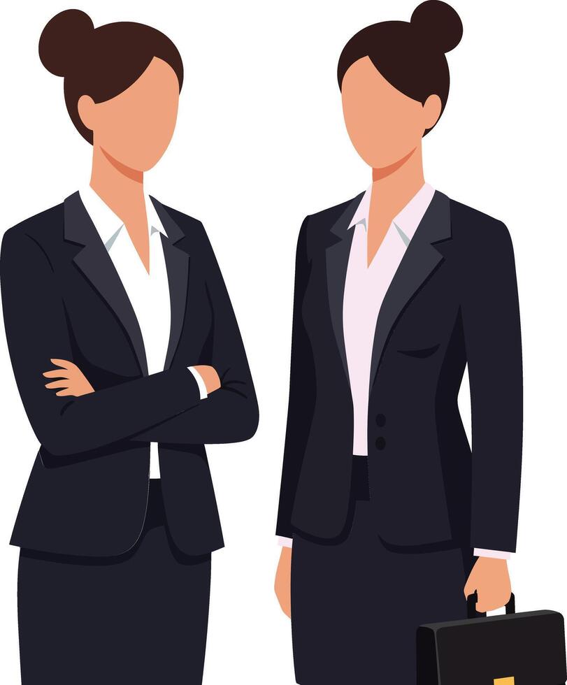 Two professional women in business suits engaging in conversation with a confident demeanor in a flat illustration vector