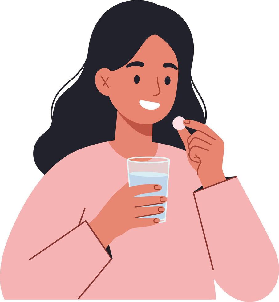 Woman with long black hair holding a glass of water while taking a pill, in a minimal flat illustration style showcasing health and wellness themes vector