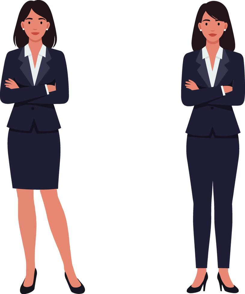 Professional businesswoman in two outfits standing confidently in a flat design style, showcasing modern fashion and professionalism in illustration vector