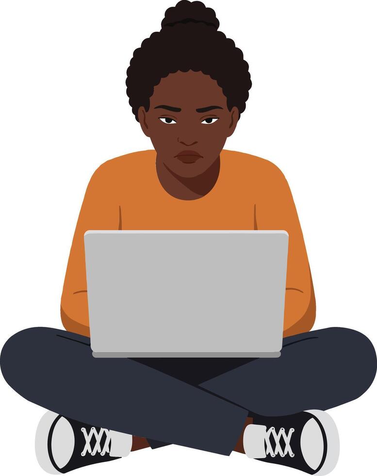 Focused young woman sitting cross-legged on the floor using a laptop in a minimal flat design illustration vector
