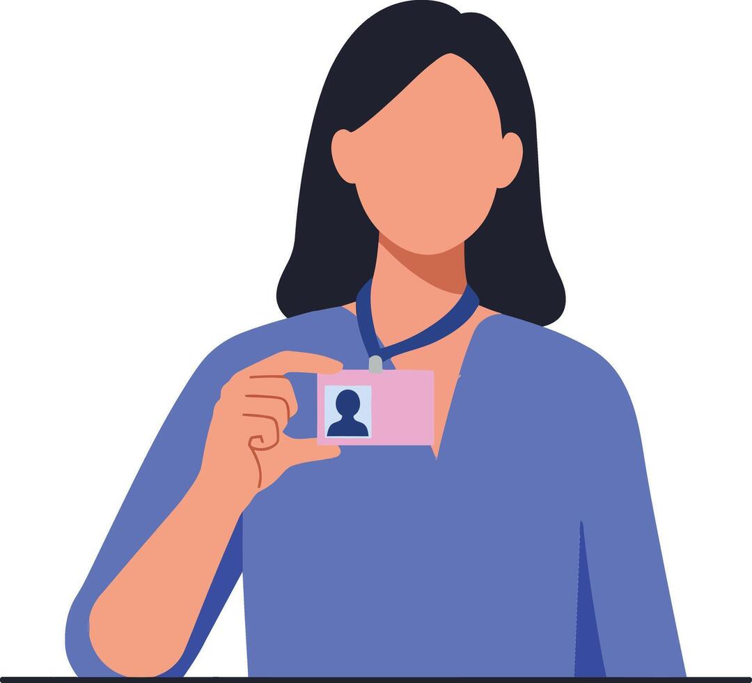 Woman holding an identification card in a blue blouse with a confident expression, flat design illustration vector