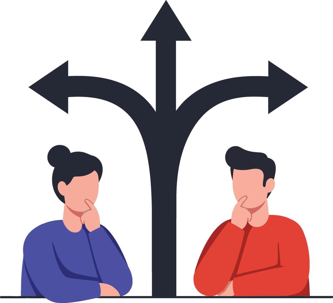 Two individuals contemplating decisions with thoughtful expressions, featuring a minimal design and directional arrows, symbolizing choices in a illustration vector