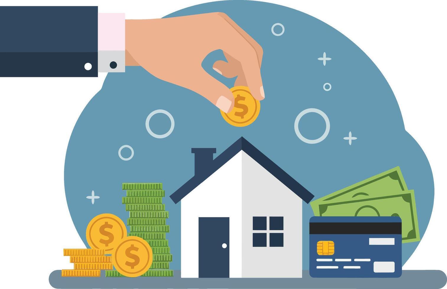 A hand placing a coin into a house surrounded by money, credit card, and financial symbols in flat illustration vector
