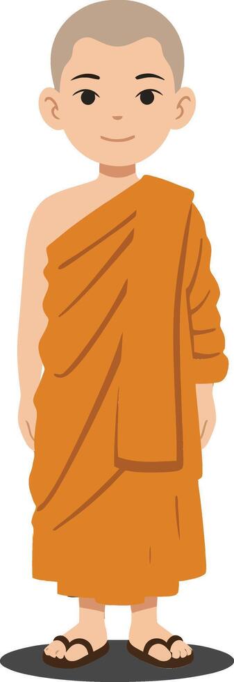 Young smiling monk in an orange robe standing with a calm demeanor in a flat, minimal illustration vector