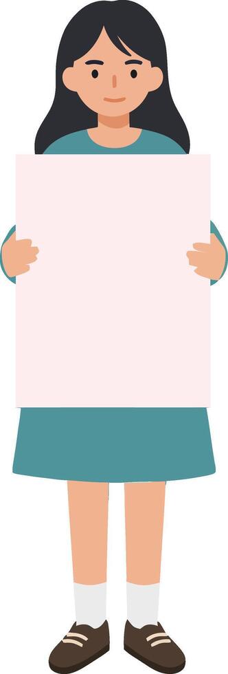 Young girl standing confidently while holding a blank white poster in a minimalistic flat illustration style vector