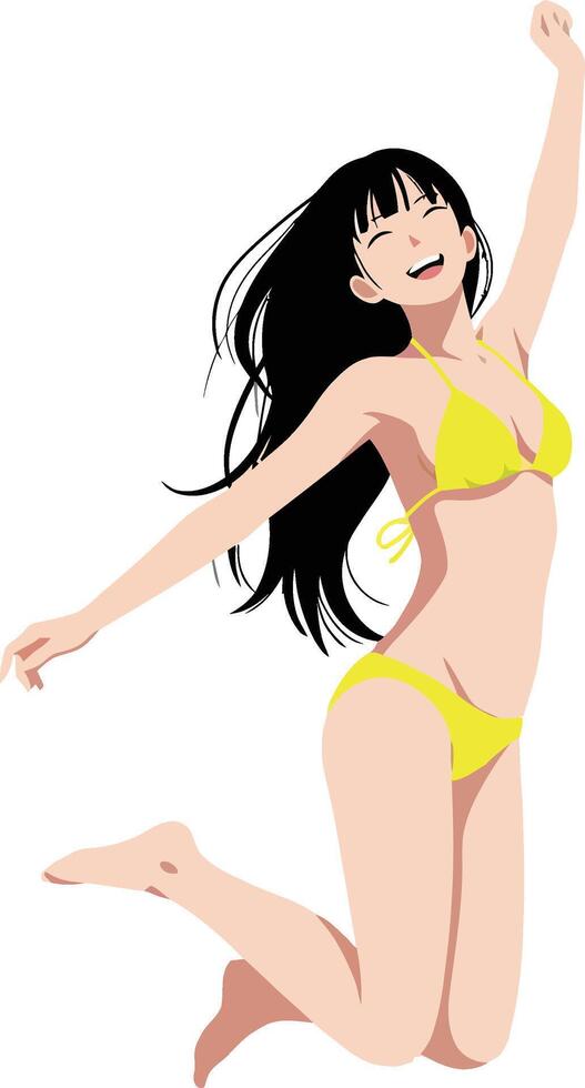 Joyful young woman in a yellow bikini joyfully jumping against a plain background, captured in a vibrant, flat design style, illustration vector