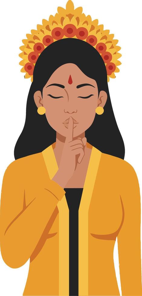 A serene woman in a vibrant yellow outfit with a decorative hairpiece gently shushing, reflecting tranquility and grace in a flat illustration vector