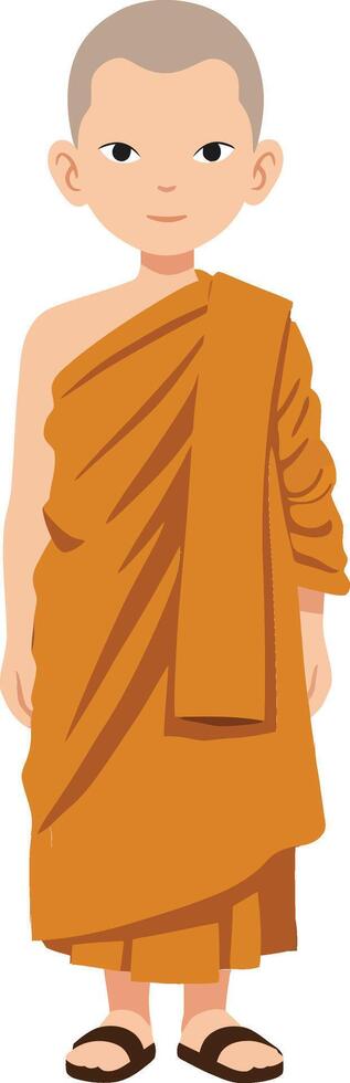 Young Buddhist monk in orange robe standing confidently with a serene expression, minimal style illustration vector