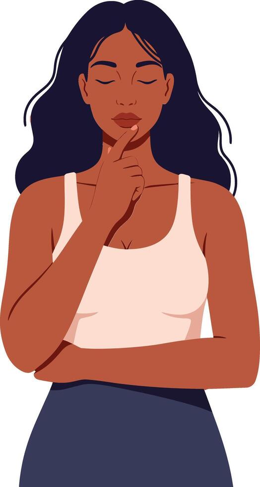 Thoughtful woman with long hair in a white tank top, posing in a minimal and modern style, engaging in reflective contemplation, illustration vector