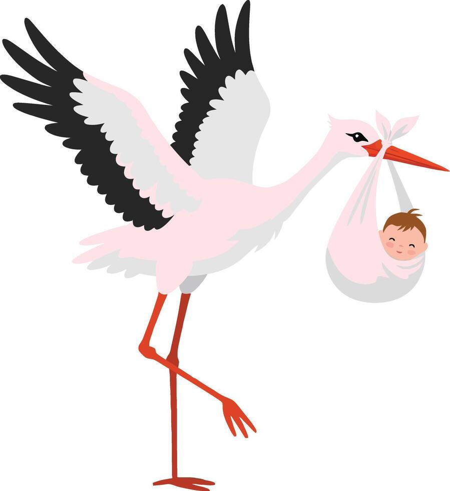 Stork carrying a baby in a cloth bundle depicted in a flat, cheerful design style, highlighting joy and new beginnings in art vector