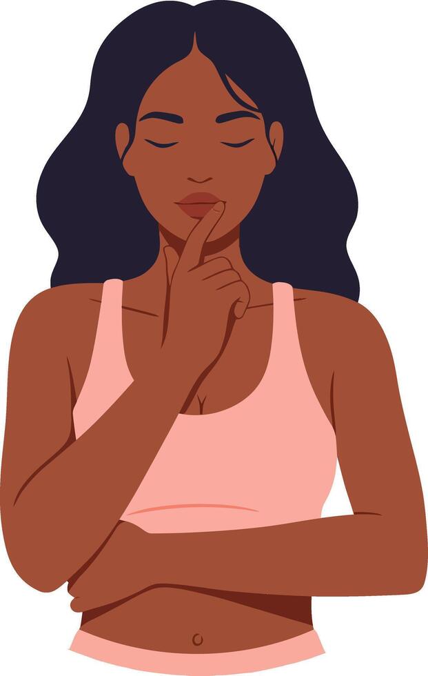 Woman in a pink tank top with long black hair making a shushing gesture in a flat, minimal style illustration vector