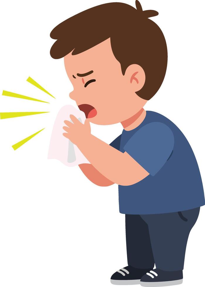 A young boy sneezing into a tissue with a concerned expression, flat design, bright colors, cheerful yet slightly worried mood, illustration vector