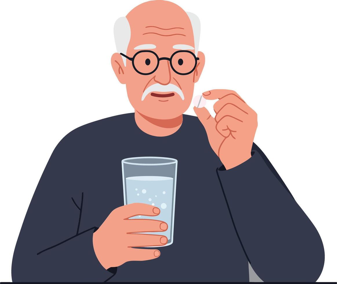 Elderly man holding a glass of water while preparing to take a pill in a flat illustration vector